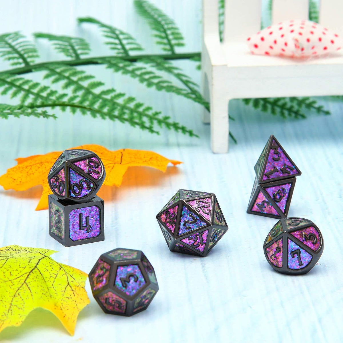 Metal D&D dice set, 7-piece polyhedral DND dice set with D20, D12, D10, D8, D6, and D4, suitable for Dungeons & Dragons RPG games